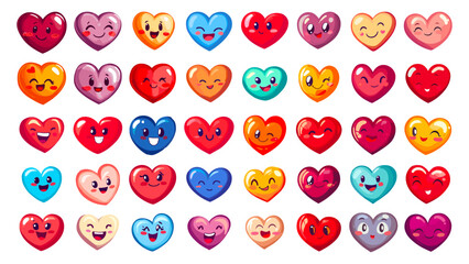 Wall Mural - heart characters. cute romance hearts mascot with different positive emotions, romantic fun face ele