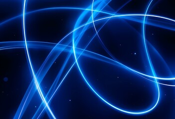Poster - Glowing blue neon lines creating abstract curves and waves on dark background. Modern tech pattern with luminous streaks. Digital network concept for banner design with copy space