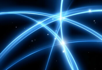 Poster - Glowing blue light trails intersecting in space. Abstract network connections on dark background. Digital technology concept. Modern design for tech presentation and banner with copy space