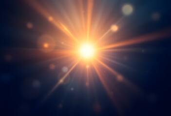 Poster - Bright glowing sun with lens flare effect on dark blue background. Shining star burst light rays. Space exploration and astronomy theme. Banner with copy space