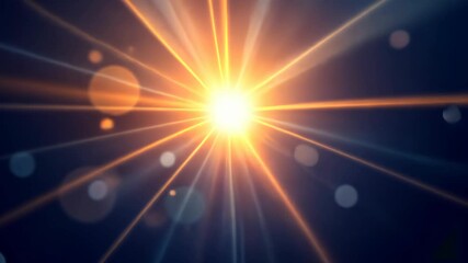 Poster - Radiant golden sunburst with lens flare effect on dark blue background. Abstract bright light rays and glowing orbs. Cosmic energy concept for spiritual, celestial backgrounds with copy space