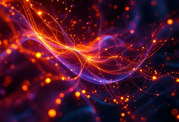 Poster - Glowing orange and purple energy waves with light particles in dark space. Abstract digital flowing lines with bokeh effect. Modern dynamic background for tech design with copy space