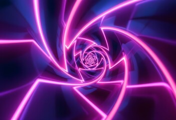 Poster - Glowing neon spiral light pattern in purple and pink. Abstract swirling rose shape with bright luminous lines. Modern digital art background for tech design and party visuals with dark space