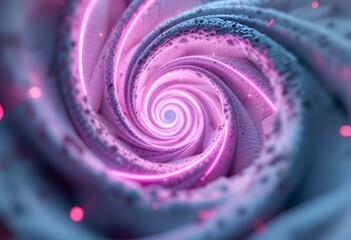Poster - Mystical pink and blue spiral vortex with glowing bokeh effects. Abstract swirl pattern background with luminous particles. Hypnotic cosmic tunnel design for meditation and relaxation themes