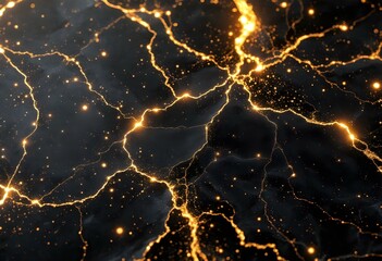 Poster - Golden light neural network pattern on dark background. Abstract glowing energy connections. Futuristic digital technology concept. Network visualization for science banner with space