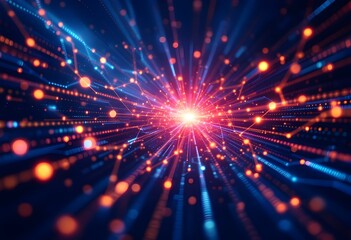 Poster - Explosive burst of red and blue light rays. Dynamic digital energy flash with glowing particles. Abstract technology background for banner, presentation, website with copy space