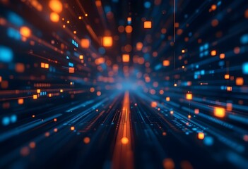 Poster - Dynamic digital speed tunnel with glowing orange and blue light particles. Abstract technology background with motion blur effect. Futuristic space concept for tech banners