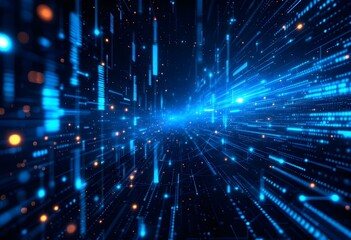 Poster - Digital space with glowing blue light streaks and particles. Abstract technology background with dynamic motion effect. Modern futuristic design for tech presentation with copy space
