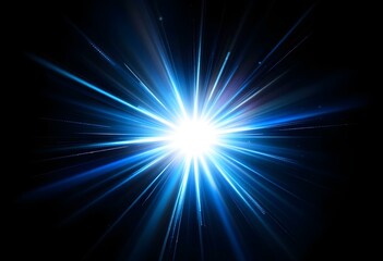 Poster - Bright blue light burst with radiant rays on black background. Abstract glowing star explosion effect. Shining light flare. Dramatic backdrop for space or energy theme