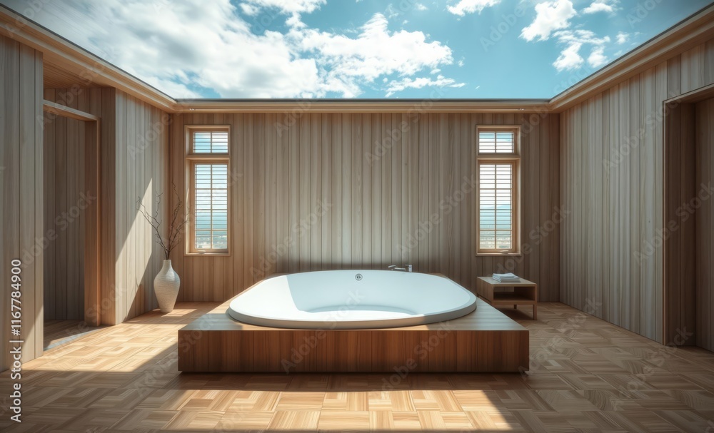 Minimalist bleached wooden bedroom with bathtub in white and beige ...