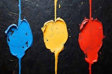 Wall Mural - Dripping blue, yellow, red paint on black background.