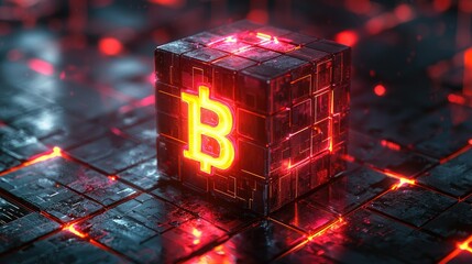 Poster - Glowing Bitcoin symbol inside a digital cube.