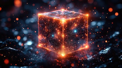 Poster - Glowing cube energy abstract digital art.