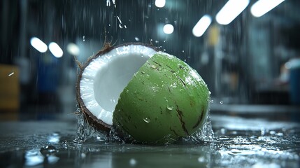 Wall Mural - A split green coconut with water splashing around in an industrial setting.