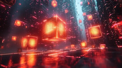 Poster - Glowing orange cubes float in a futuristic, neon-lit city.