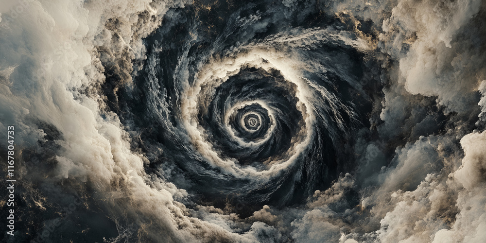 Dark swirling vortex with stormy clouds and dramatic patterns, creating ...