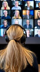 Poster - A woman listens actively during an online conference featuring multiple speakers displayed on a large screen behind her
