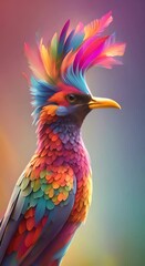 Wall Mural - A vibrant bird adorned with a crown showcasing a spectrum of colors in its plumage against a natural backdrop of 4K vertical