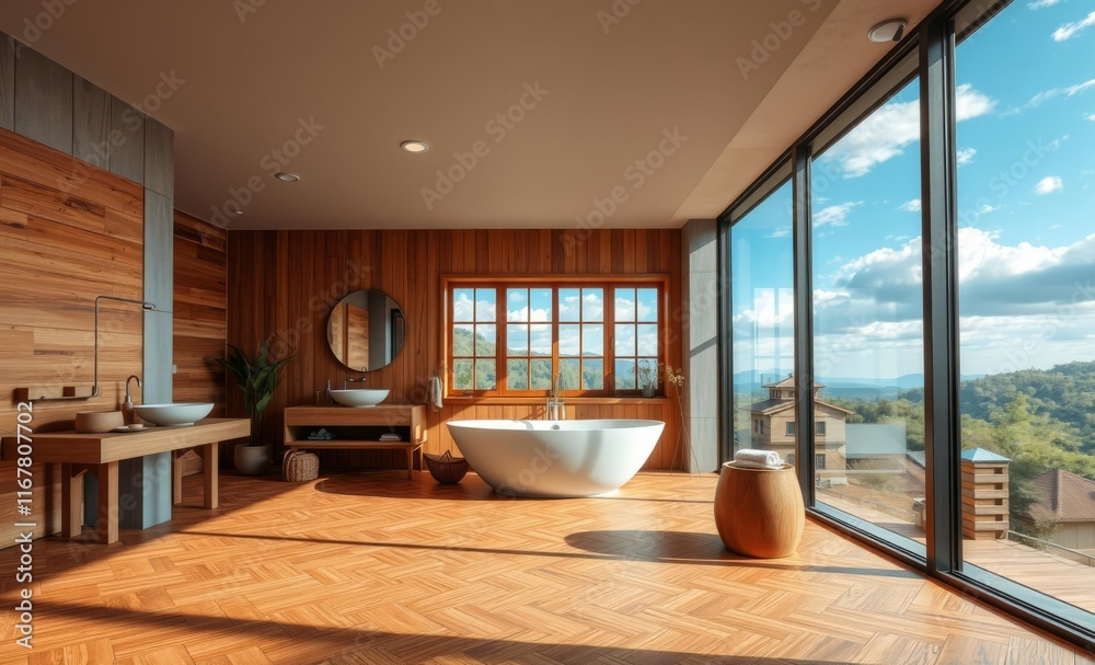 Japandi bathroom with wooden tones freestanding bathtub big window ...