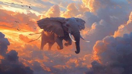 Wall Mural - A surreal elephant floats among vibrant clouds at sunset, evoking wonder and imagination.