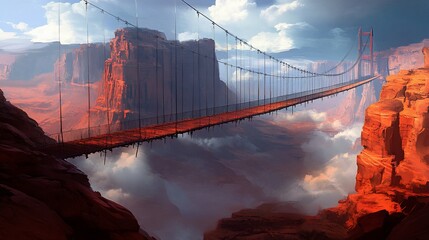 Wall Mural - A surreal landscape featuring a bridge over a canyon with dramatic clouds and rocky formations.