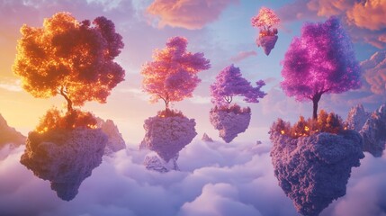 Wall Mural - A surreal landscape featuring floating islands with vibrant, glowing trees amidst clouds.