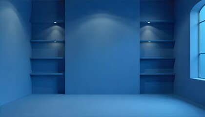 Aufkleber - A minimalistic 3D blue backdrop featuring an empty studio room and a dark navy gallery shelf, perfect for showcasing products and promotions across winter, spring, and summer seasons