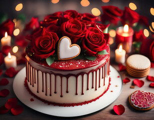 Wall Mural - A romantic red velvet drip cake decorated with fresh red roses, a white heart, and chocolate drizzle is surrounded by lit candles and cookies in a festive setting.