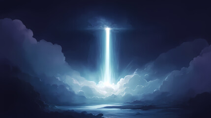 Poster - A powerful beam of light shining through dark clouds in the sky. Clouded. Illustration