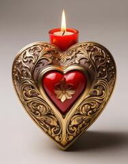 Wall Mural - An ornate heart-shaped candle holder with intricate gold filigree designs and a red heart centerpiece holds a burning red candle on top.