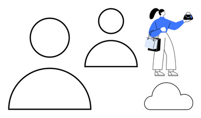 User profiles represented by simple icons with a cloud symbol and a woman in blue holding shopping bags. Ideal for digital identity, user data, cloud storage, online shopping, customer management