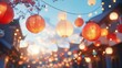 © afif - Festive lanterns illuminate a charming Asian street at sunset.