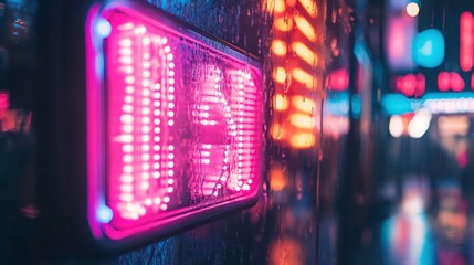 Poster - Rain-soaked LED sign glowing vibrantly at night, reflecting city lights.