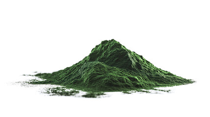Wall Mural - side view on one single dark green spirulina algae powder pile heap isolated on white background