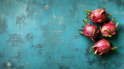 Wall Mural - A vibrant arrangement of dragon fruits on a textured blue background.