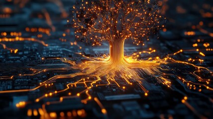 Poster - A glowing tree made of circuit lines with roots spreading into a motherboard.