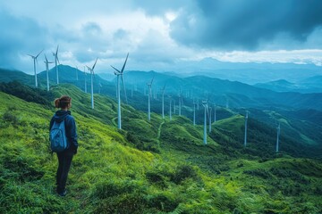 Fototapete - A hiker gazes at towering wind turbines on a lush green hillside amidst a dramatic sky. Generative AI