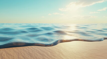 Sunset reflection on calm ocean waves near the sandy beach creates a serene atmosphere during late afternoon hours