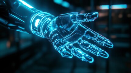 Poster - Close-up of a translucent robotic hand with glowing blue accents, extending in an open gesture.