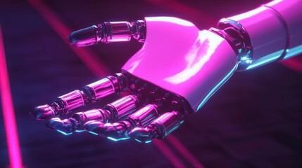 Poster - Close-up of a futuristic robotic hand with pink and white accents, illuminated by neon lights.