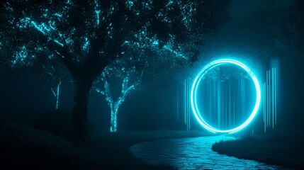 Poster - Glowing cyan circle portal in dark forest.