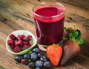 Wall Mural - Glass of beetroot and berry boost juice with fresh ingredients on rustic wooden table