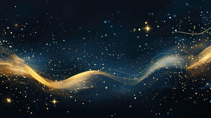Aufkleber - Abstract background with gold stars, particles and sparkling on navy blue. Christmas Golden light shine particles bokeh on navy blue background. 2024 New year background. Gold foil texture.