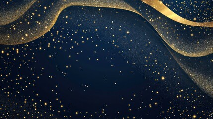 Aufkleber - Abstract background with gold stars, particles and sparkling on navy blue. Christmas Golden light shine particles bokeh on navy blue background. 2024 New year background. Gold foil texture.
