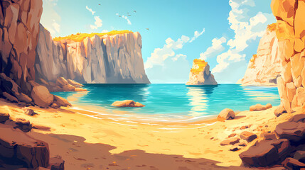 A beautiful beach with clear blue water and golden sand sky shoreline outdoors. Shoreline. Illustration