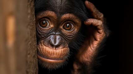 a delightful young chimpanzee peeking from behind a tree, conveying playfulness and curiosity, perfe