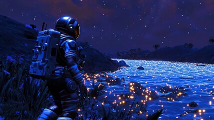 Wall Mural - an astronaut exploring a glowing ocean that mirrors the stars above
