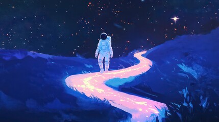 Wall Mural - astronaut walking on a glowing path across an alien landscape under a starry night sky.