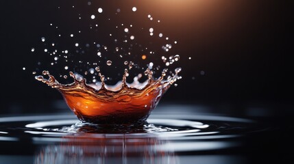 Poster - A mesmerizing close-up of brown liquid splashing in water, creating a delightful display of droplets and ripples, highlighted by dramatic lighting and contrast.