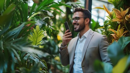 Man in suit smiles while using his phone amidst lush greenery